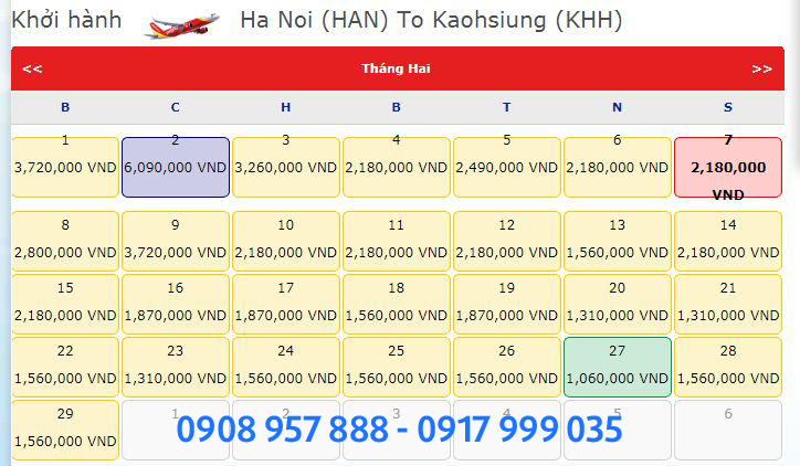 Vietjet giá vé máy bay từ Hà Nội đi Cao Hùng