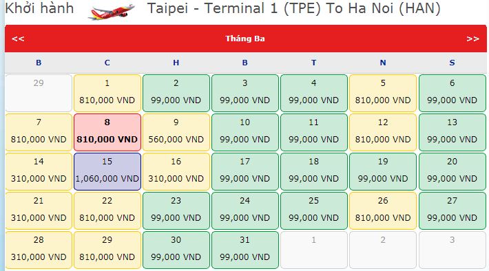 Giá vé Vietjet Air Đài Bắc - Hà Nội