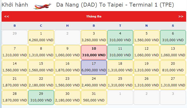 Giá vé Vietjet Đà Nẵng - Đài Bắc trong tháng 3