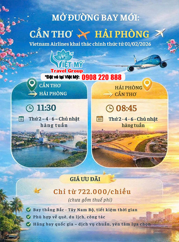 Vietnam Airlines mở đường bay Cần Thơ đến Hải Phòng từ 01/02/2026