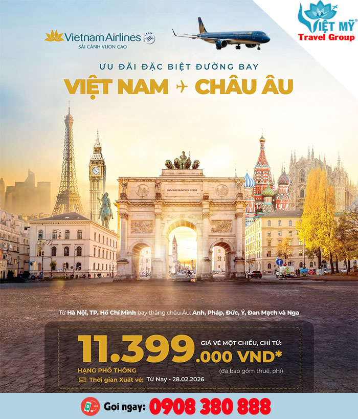 Đặt vé Vietnam Airlines đi Châu Âu giá tốt tại Đại lý Việt Mỹ