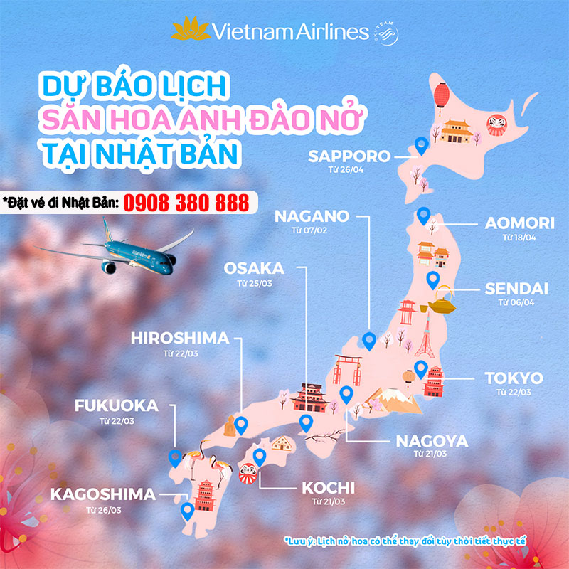 Dự báo lịch hoa anh đào Nhật Bản 2026 chi tiết từng thành phố