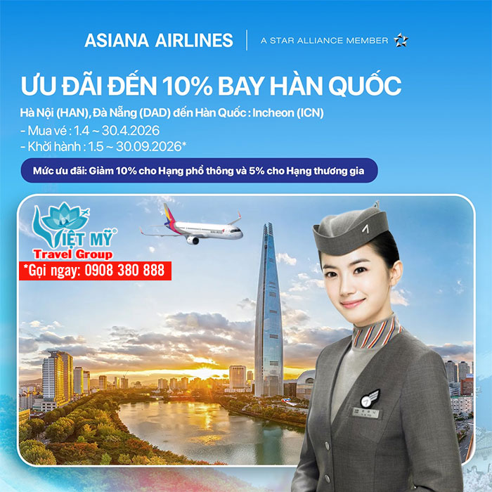 Asiana Airlines khuyến mãi tháng 4-2026: Bay Hàn, Nhật, Châu Âu giá tốt từ 301 USD