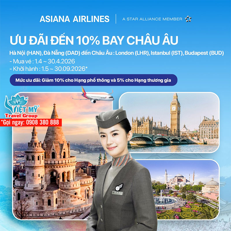 Asiana Airlines khuyến mãi tháng 4-2026: Bay Hàn, Nhật, Châu Âu giá tốt từ 301 USD
