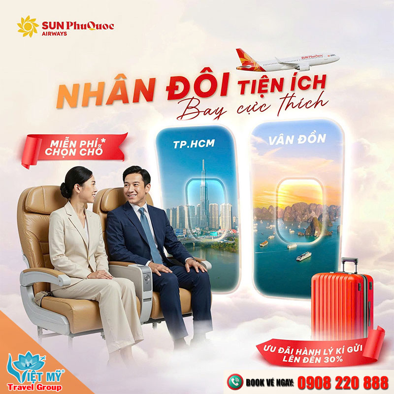 Miễn phí chọn chỗ và ưu đãi 30% hành lý hãng Sun PhuQuoc Airways khi bay TP.HCM - Vân Đồn