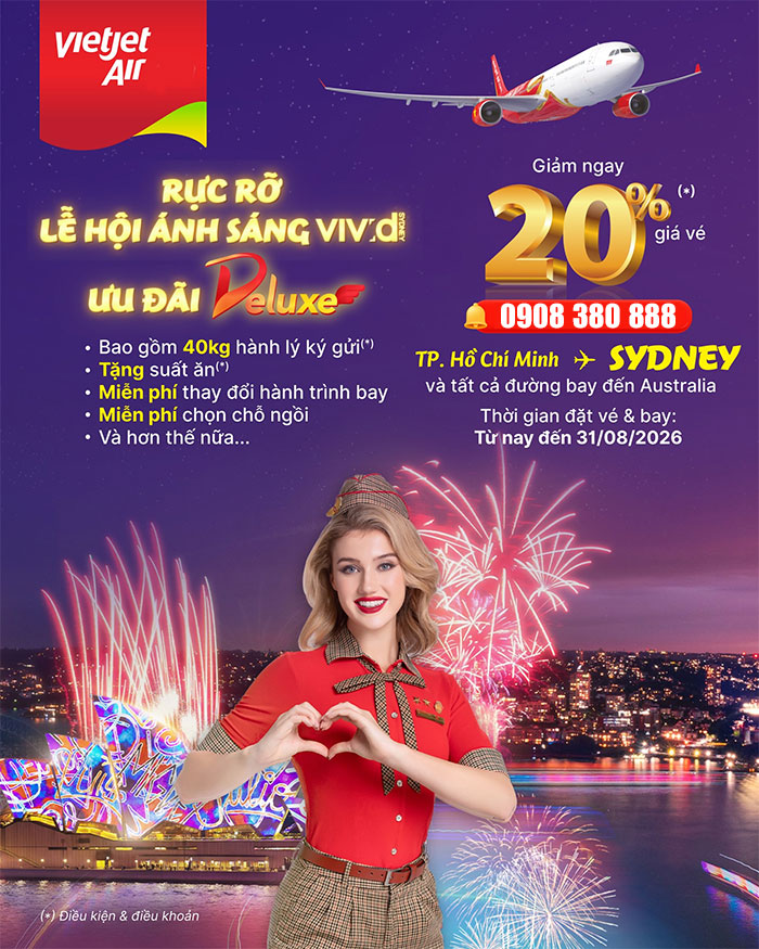 Vietjet Air sale 20% vé Deluxe đi Úc – Sẵn sàng khám phá Vivid Sydney 2026