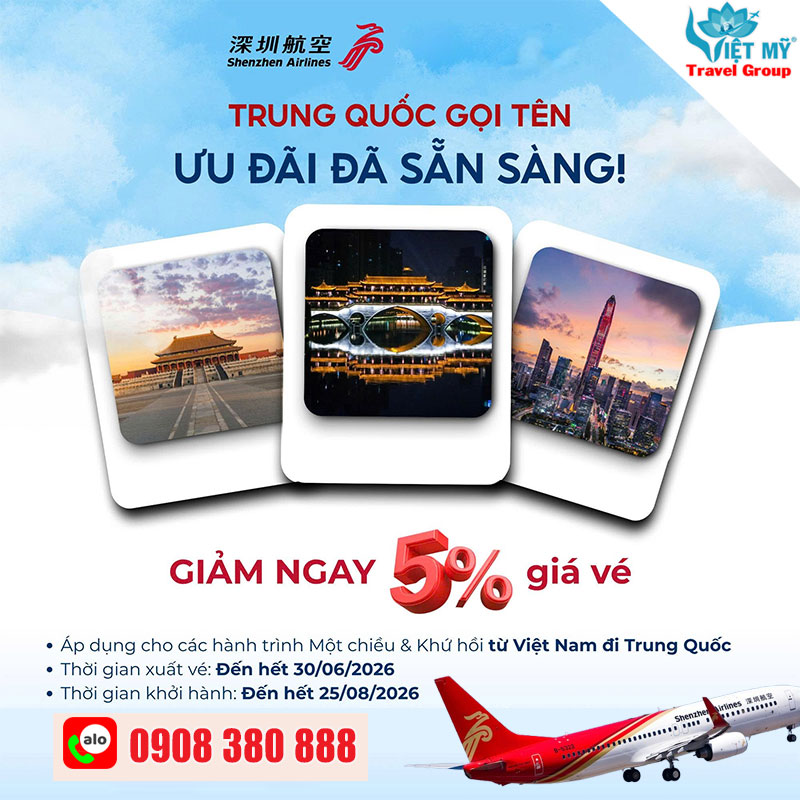 Shenzhen Airlines giảm 5% giá vé đi Trung Quốc 