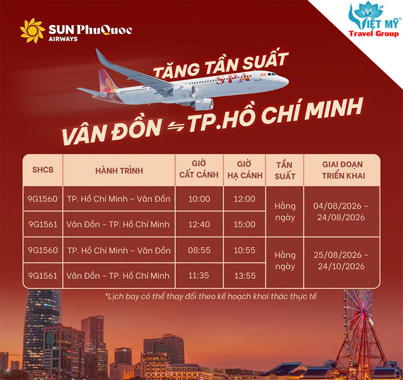 Sun PhuQuoc Airways tăng tần suất bay TpHCM - Vân Đồn