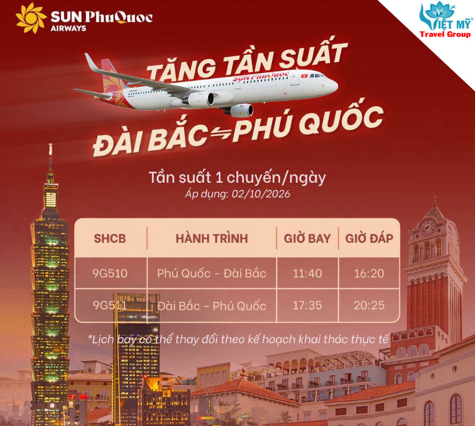 Sun PhuQuoc Airways tăng tần suất đường bay Phú Quốc - Đài Bắc từ 02/10/2026