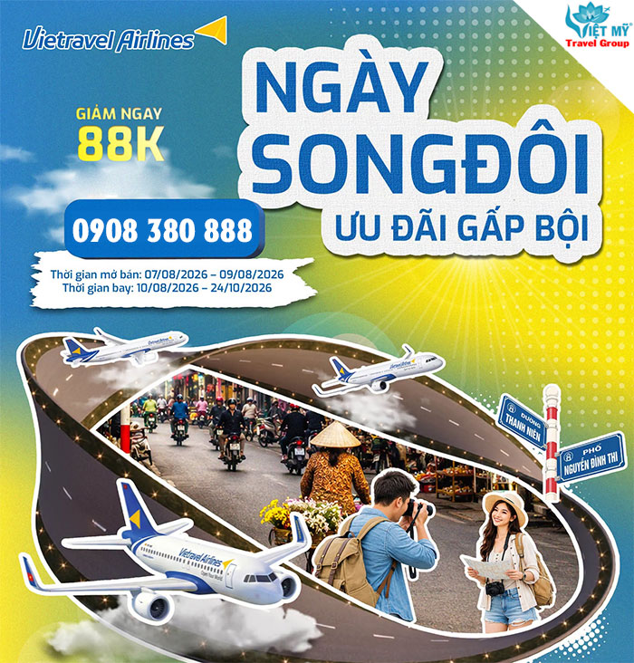 Song Đôi 8/8 hãng Vietravel Airlines giảm ngay 88.000đ vé máy bay