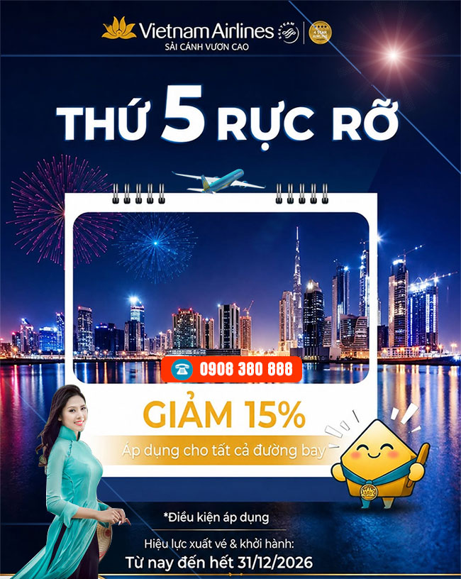 Thứ Năm rực rỡ - Giảm đến 15% vé Vietnam Airlines