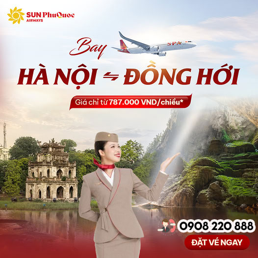 Hãng Sun PhuQuoc Airways giảm 30% vé Hà Nội - Đồng Hới