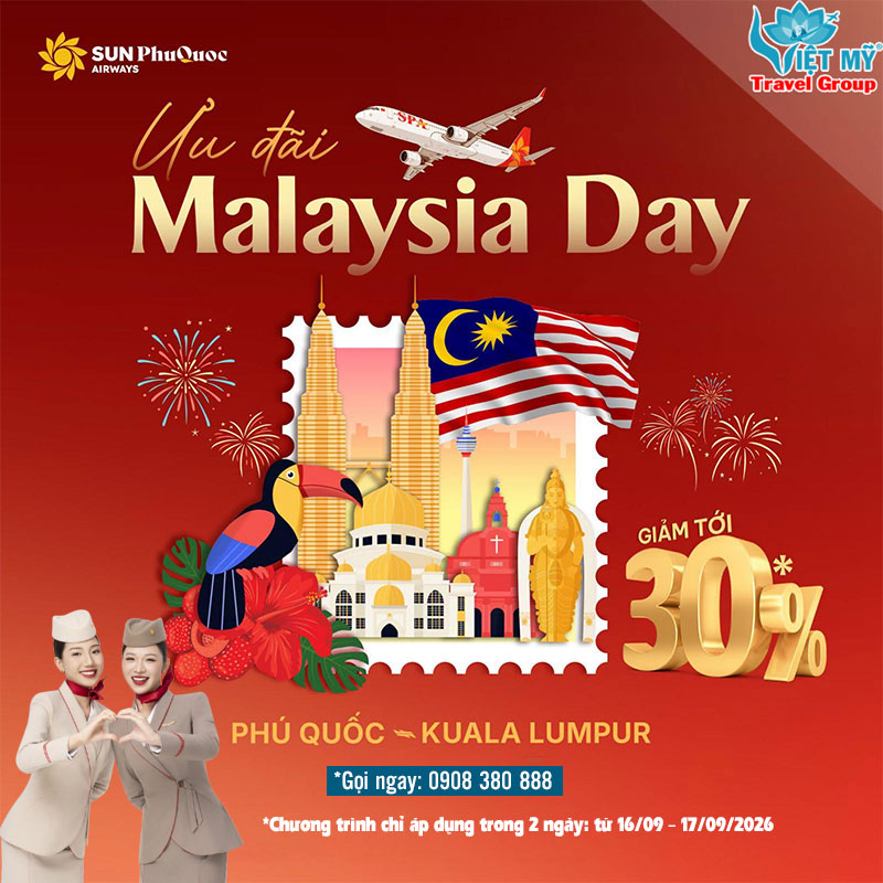 Malaysia Day: Giảm 30% vé Phú Quốc - Kuala Lumpur cùng Sun PhuQuoc Airways