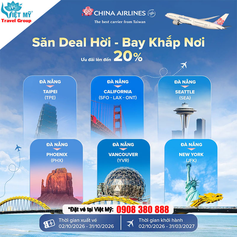 China Airlines ưu đãi 20% từ Đà Nẵng đến Mỹ và Canada