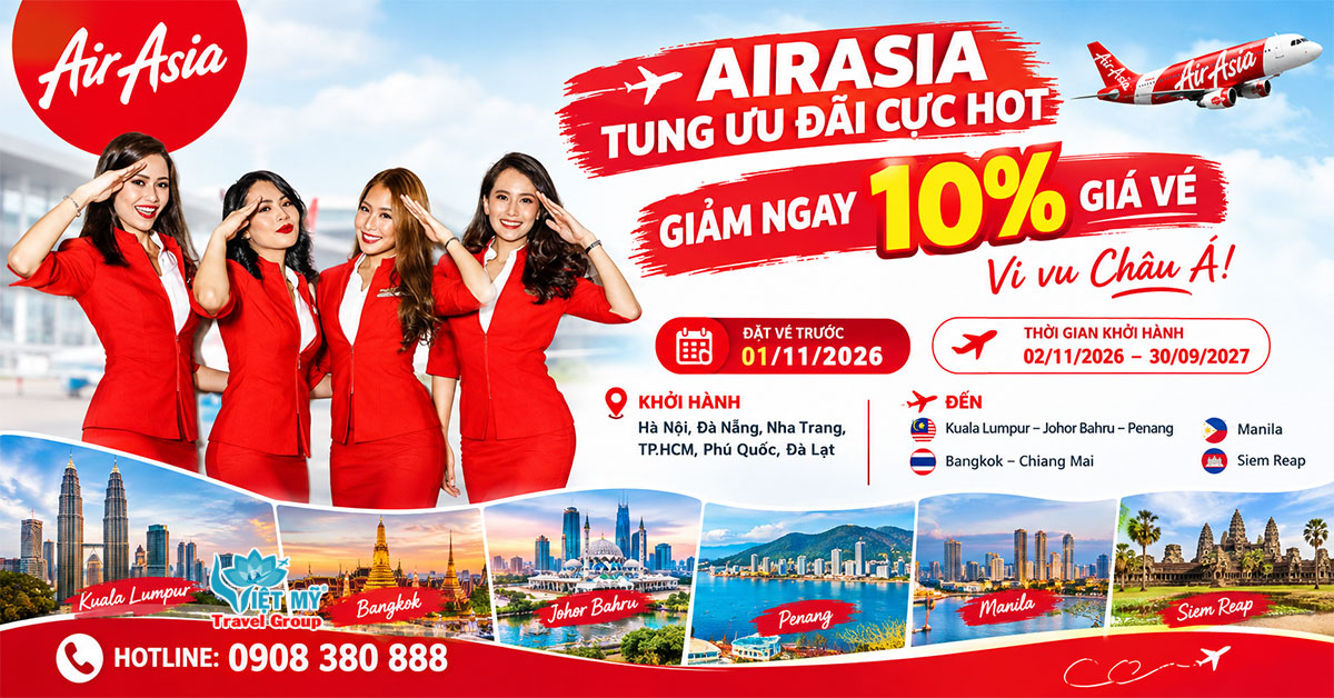 Đặt vé AirAsia tiết kiệm 10%, khám phá châu Á đến tháng 9/2027