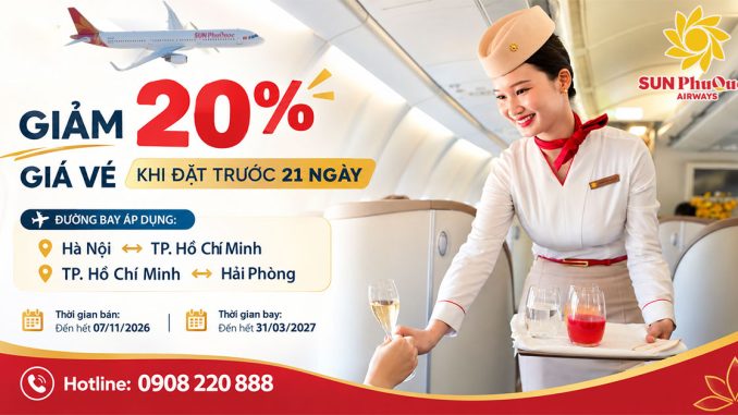 Sun PhuQuoc Airways giảm 20% giá vé khi đặt trước 21 ngày