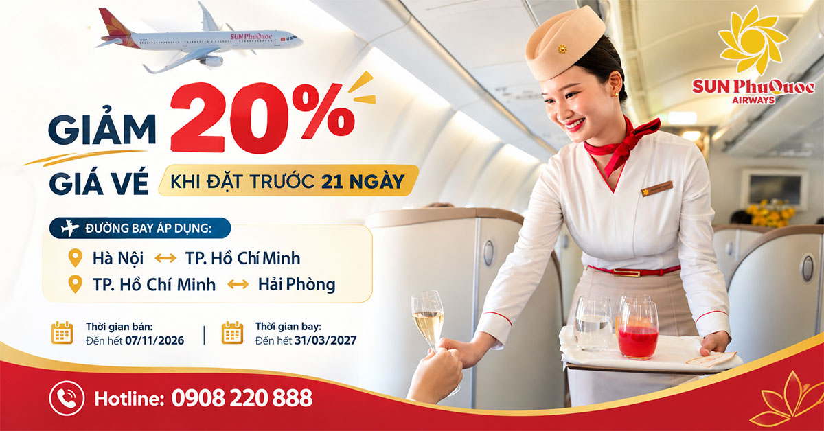 Sun PhuQuoc Airways giảm 20% giá vé khi đặt trước 21 ngày